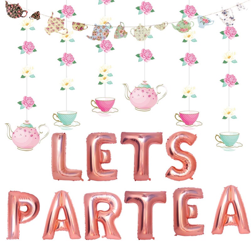 Mity rain Tea Party Decorations - Floral Teapots Teacups Balloons Banner Hanging Decorations for Baby Shower Bridal Shower Girls Birthday Party Supplies - Image 1